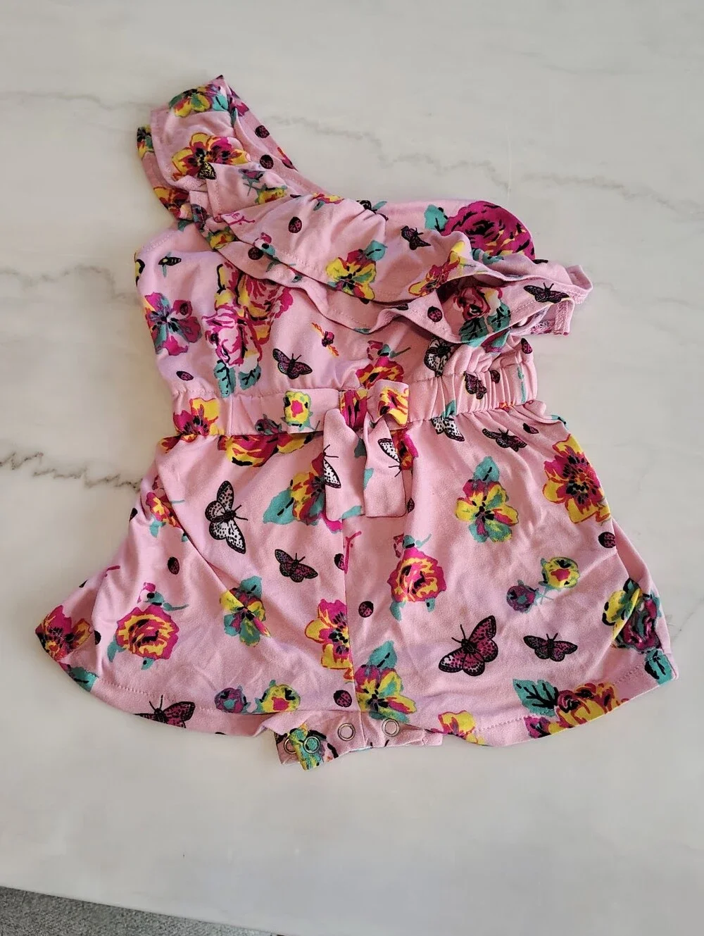 Betsy Johnson Pink Butterfly Floral One Shoulder Romper Size 24 Months Infant